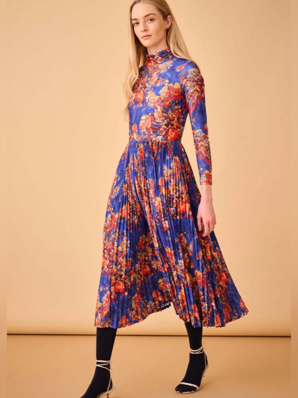 HUNTER BELL Blue Floral Pleated Long-Sleeve Midi Dress with Orange Accents Sz XS